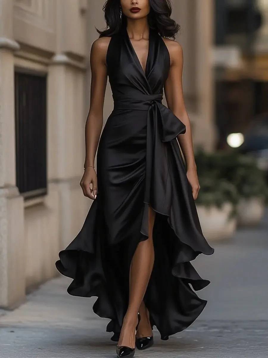 Audrey | Halter Wrap Satin Dress