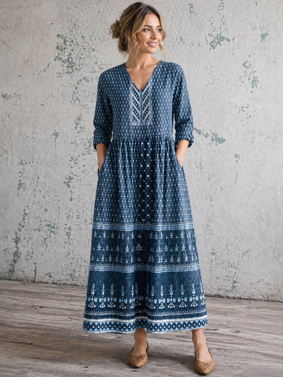 Camryn | Indigo Heritage Pattern Maxi Dress