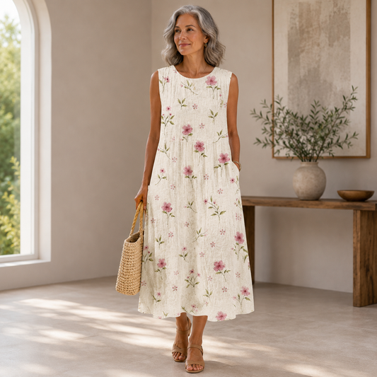 Rebecca | Soft Blossom Print Sleeveless Midi Dress