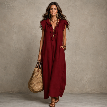 Gabriella | JOSETTE RUFFLE V-NECK LINEN MAXI DRESS
