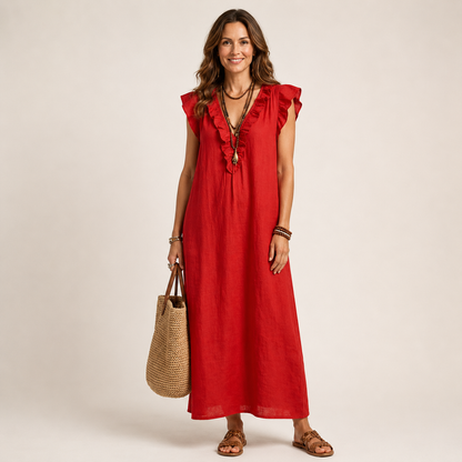 Gabriella | JOSETTE RUFFLE V-NECK LINEN MAXI DRESS
