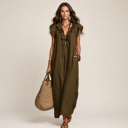 Gabriella | JOSETTE RUFFLE V-NECK LINEN MAXI DRESS