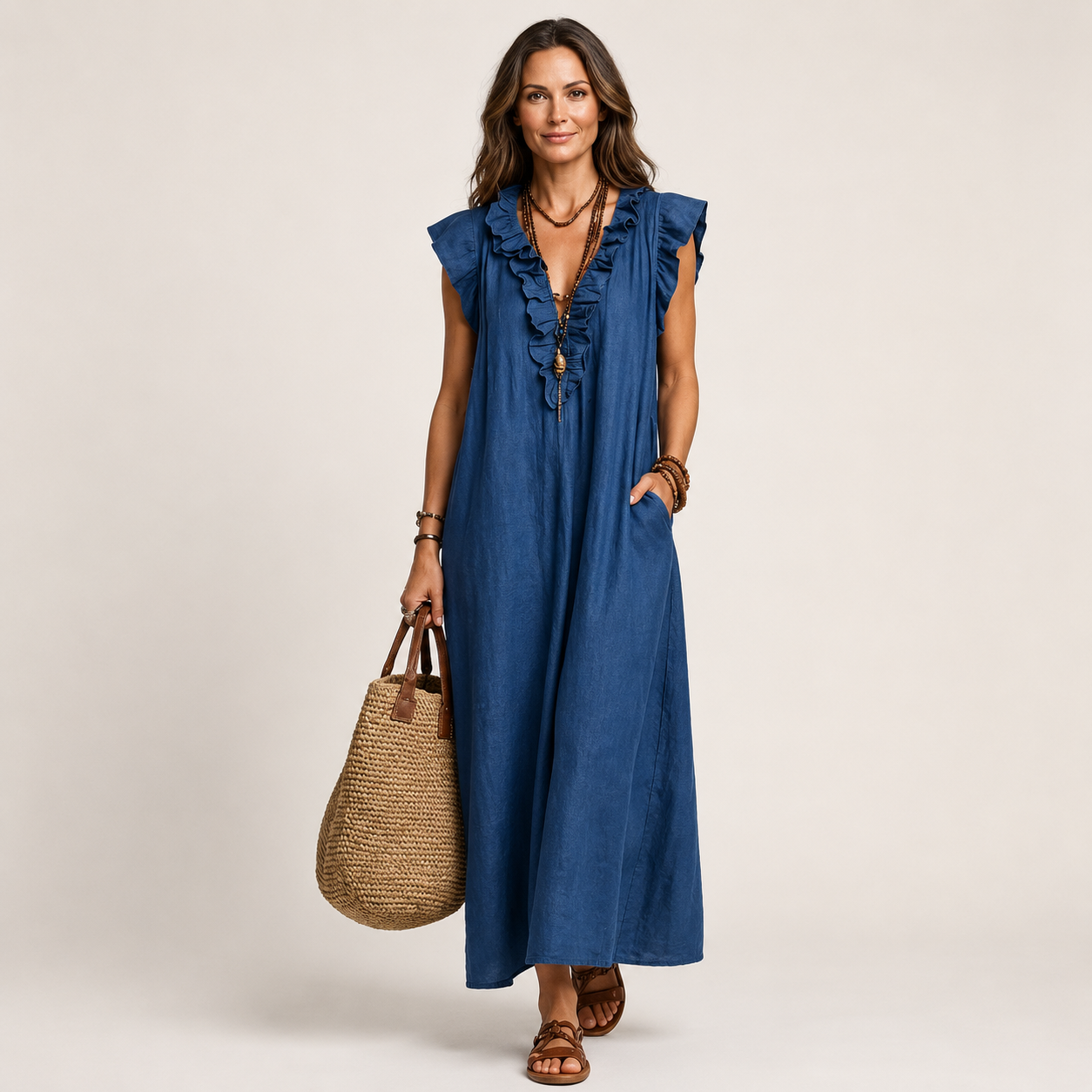 Gabriella | JOSETTE RUFFLE V-NECK LINEN MAXI DRESS