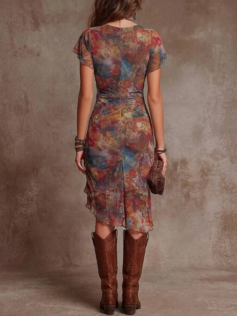 Judy | Bohemian Abstract V-Neck Pleated Midi Dress