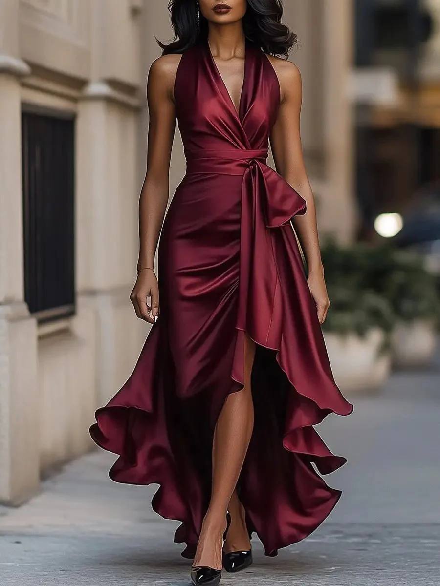 Audrey | Halter Wrap Satin Dress