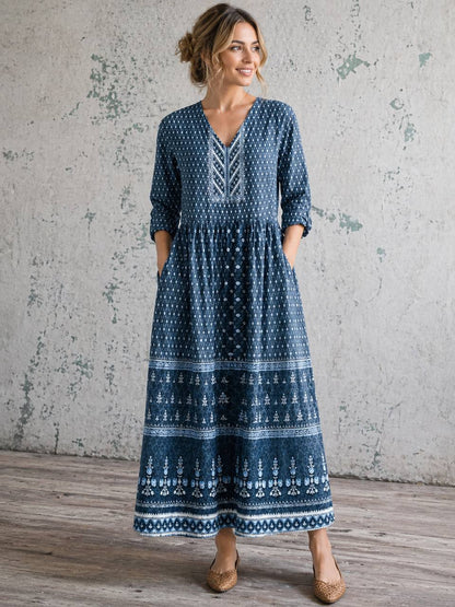 Camryn | Indigo Heritage Pattern Maxi Dress