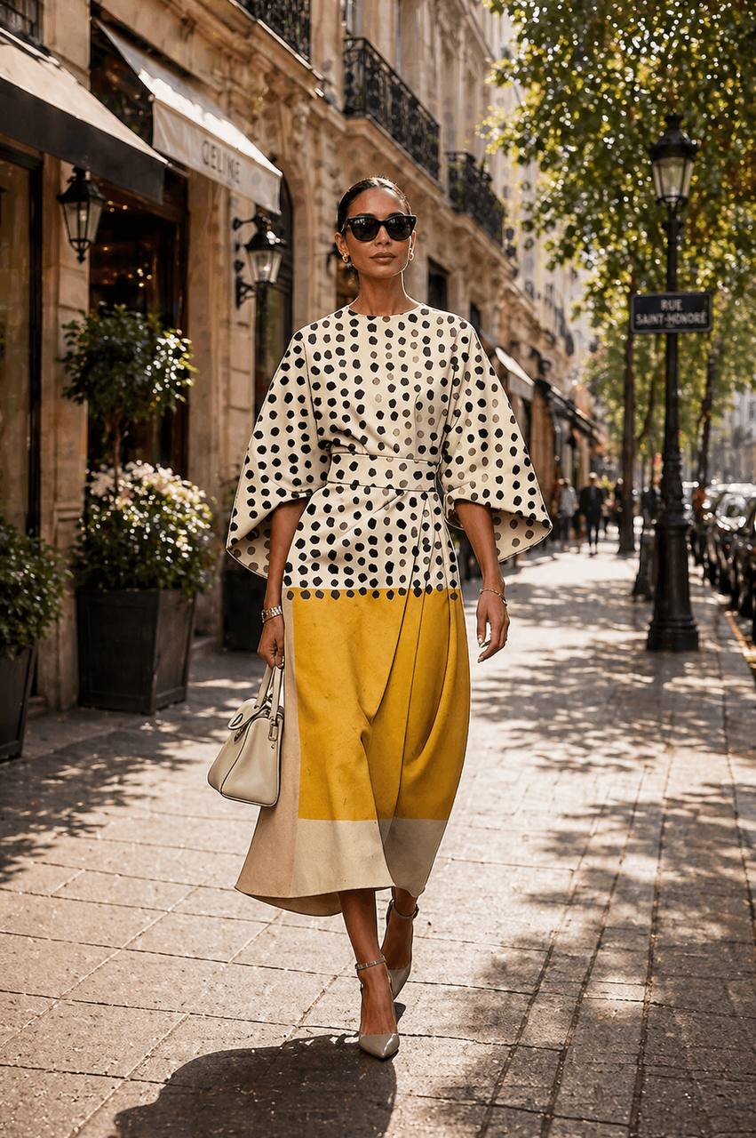 Demi | Polka Contrast Colorblock Midi Dress