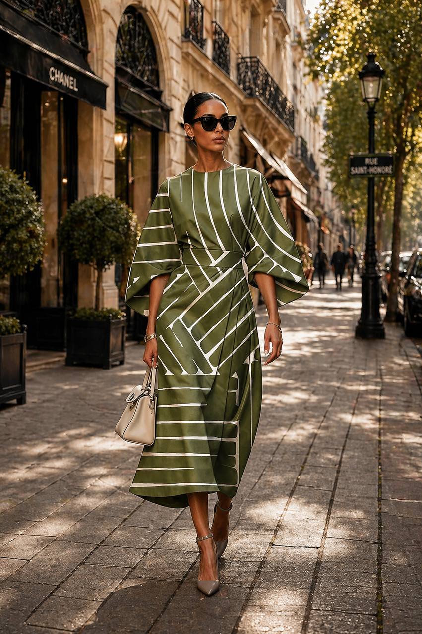 Elianna | Abstract Line Olive Midi Dress