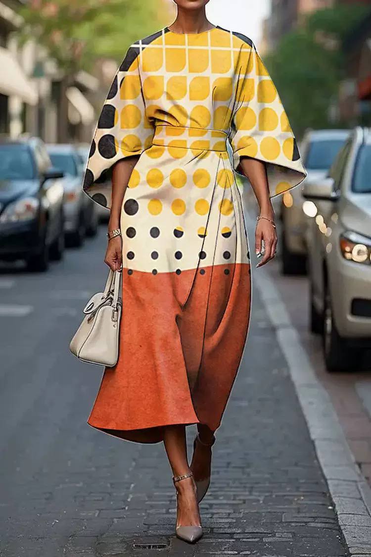 Ensley | Retro Dot Colorblock Midi Dress