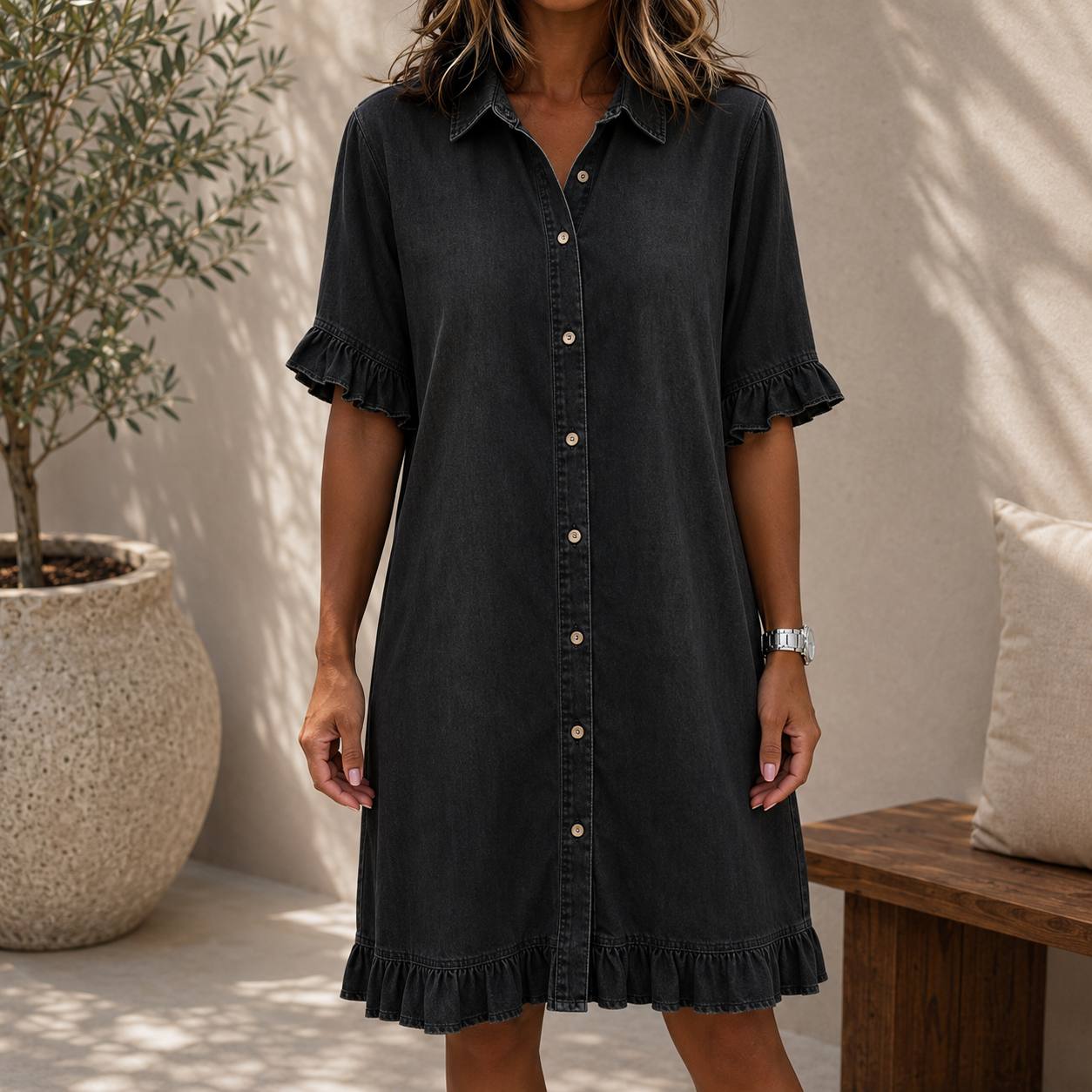 Lunessa | Denim Ruffle Shirt Dress