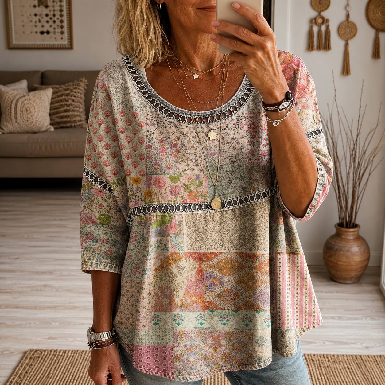 Elara | Vintage Pattern Relaxed Blouse