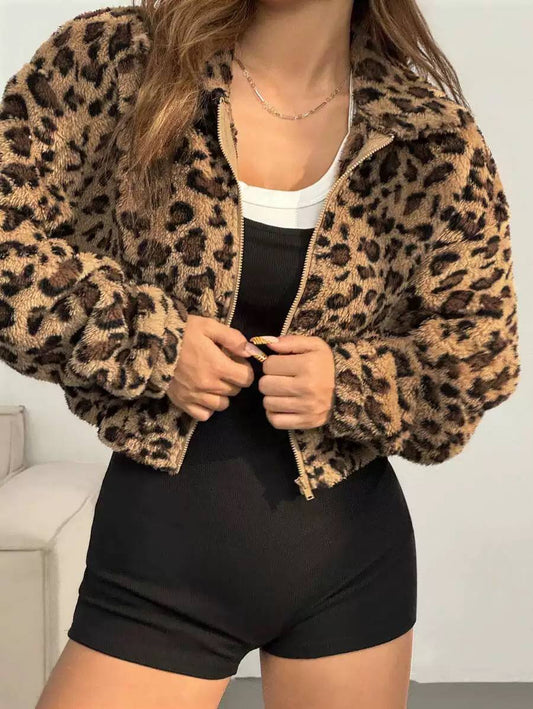 Women's Leopard Print Teddy Fleece Jacket
