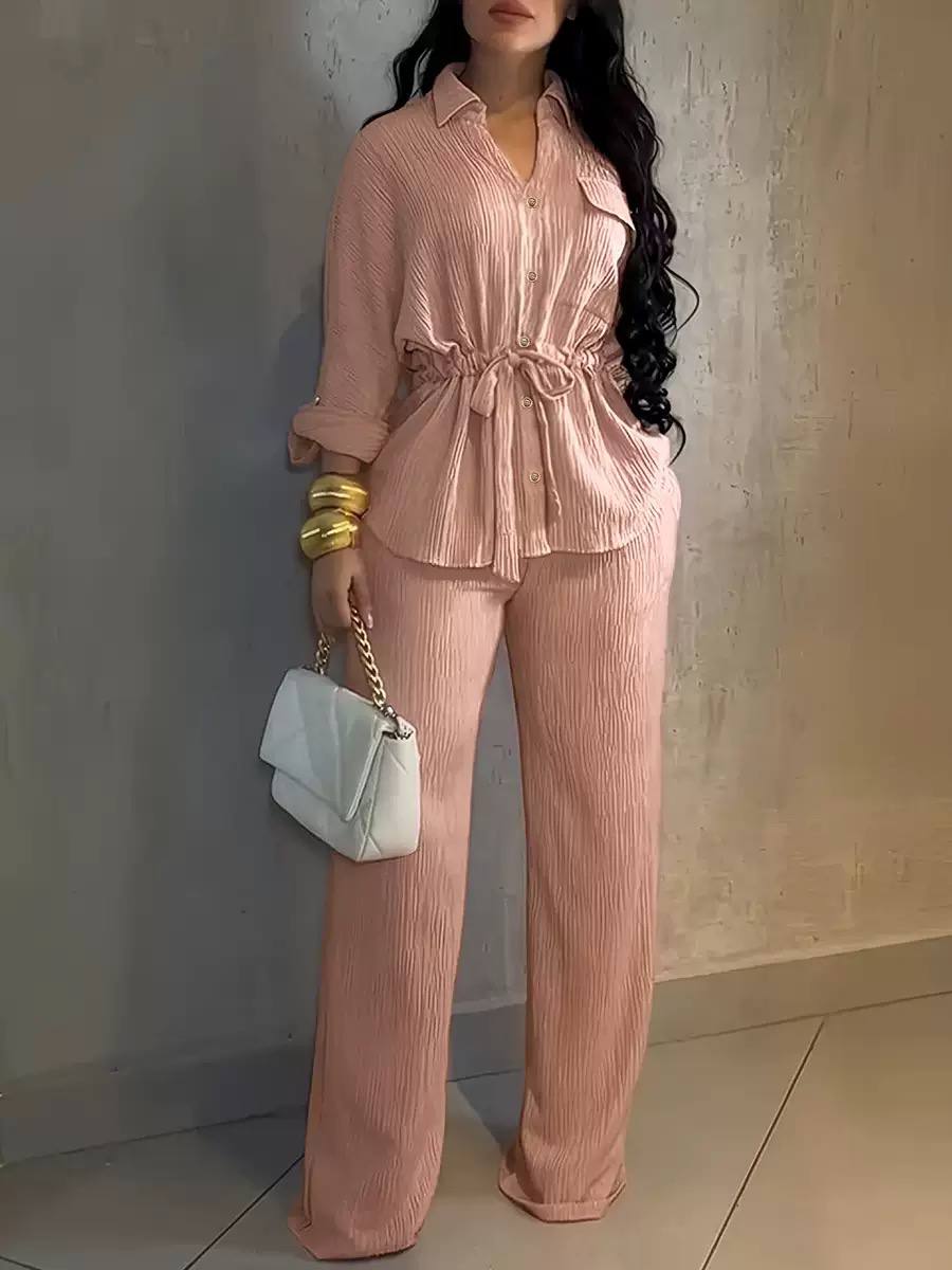 Women's Waisted Crinkle Shirt and Pants Set