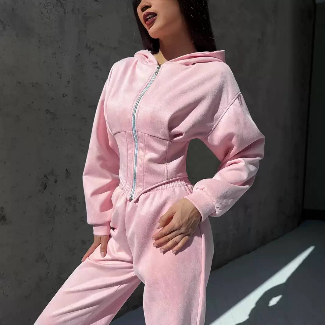 Women's Hooded Zip Up Sweatshirt Elastic Waist Set