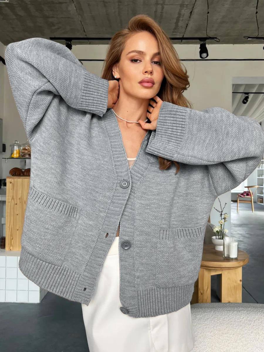 Women's Oversized Button Front V Neck Knit Cardigan