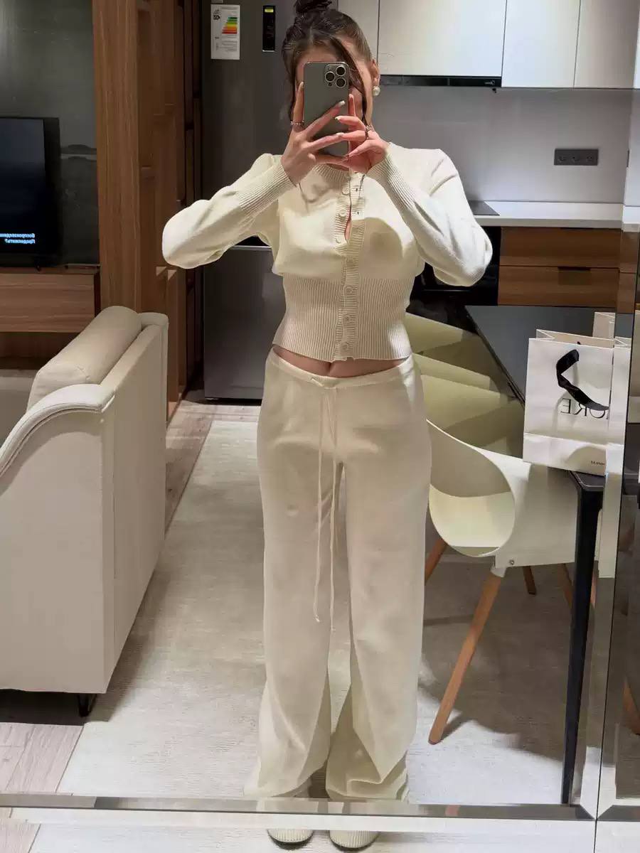 Women's Ribbed Knit Cardigan & High Waist Wide Leg Set