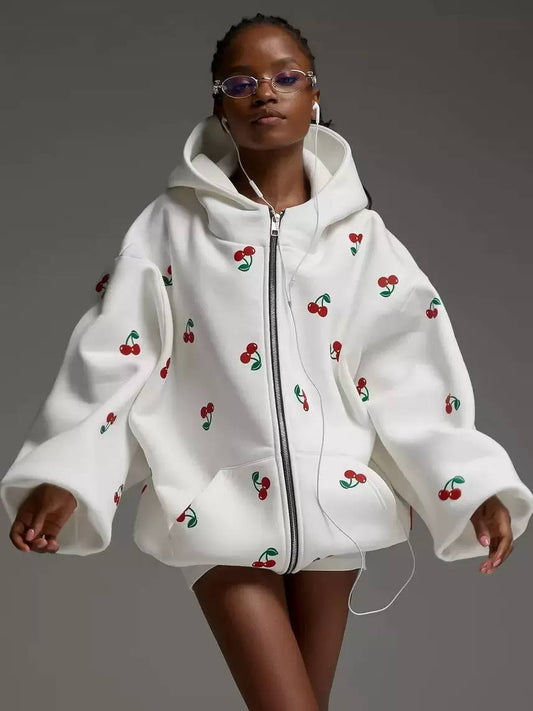 Women's Cherry Oversized Zip Up Cotton Hoodie