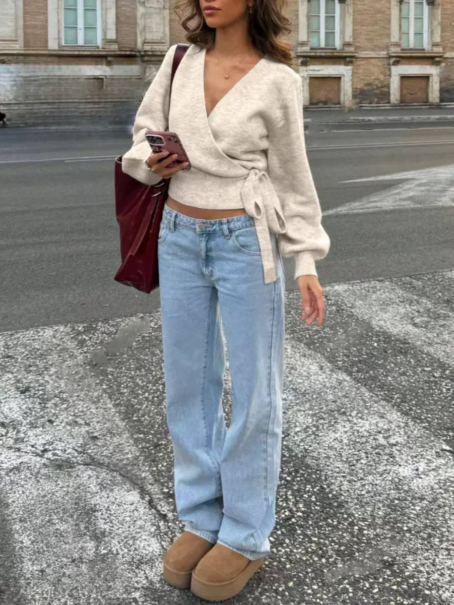 Women's Wrap Tie Waist V Neck Knit Sweater