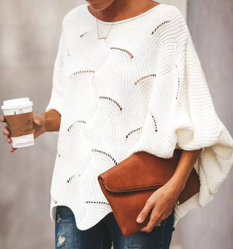 Women's Scallop Hem Open Knit Batwing Sweater
