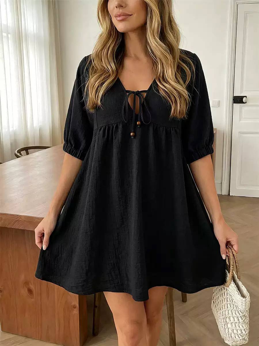 Women's Tie Neck Smock Mini Dress