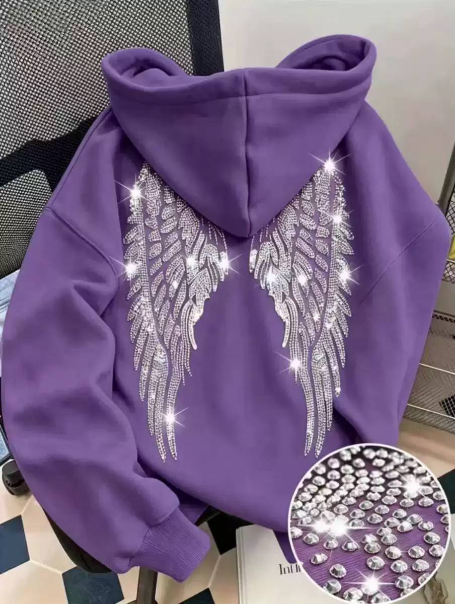 Women's Rhinestone Angel Wings Oversized Hoodie