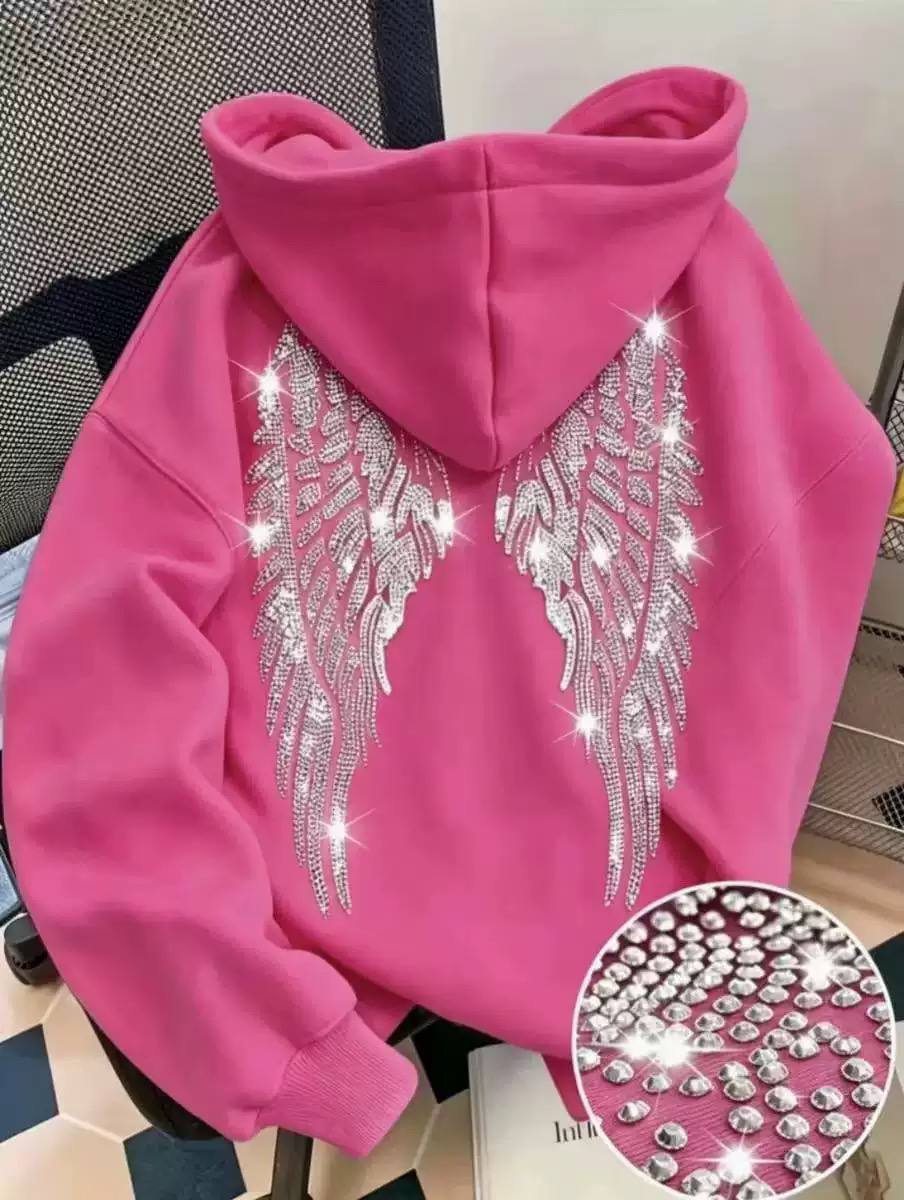 Women's Rhinestone Angel Wings Oversized Hoodie