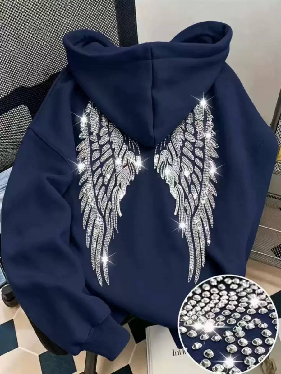 Women's Rhinestone Angel Wings Oversized Hoodie