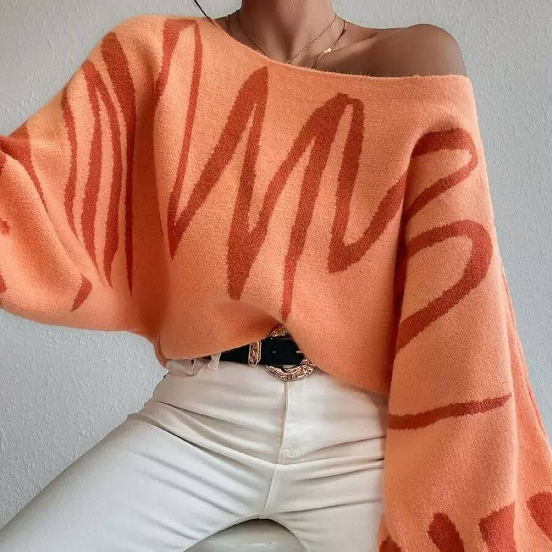 Women's Off Shoulder Abstract Knit Sweater