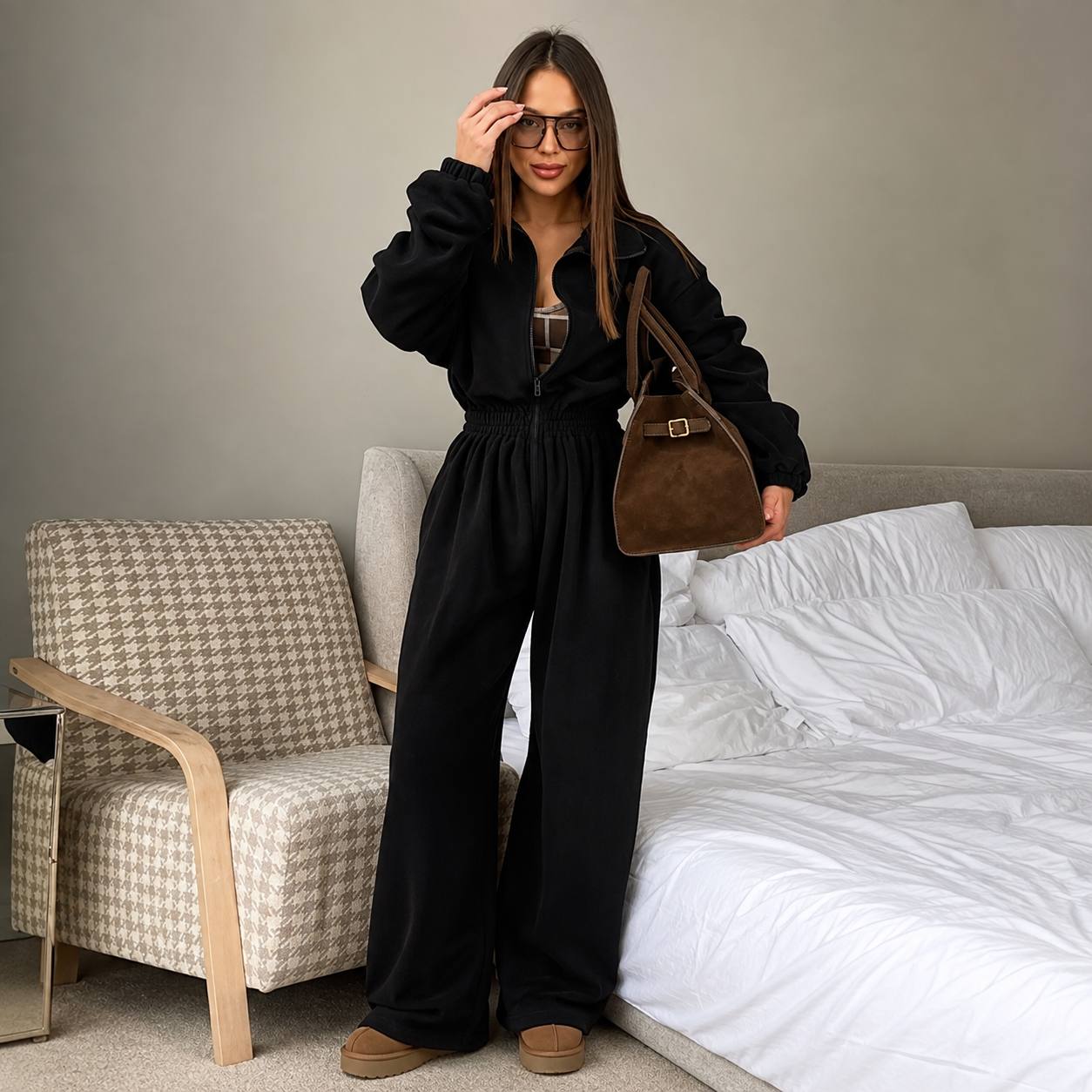 Women's Zip Front Wide Leg Fleece Jumpsuit