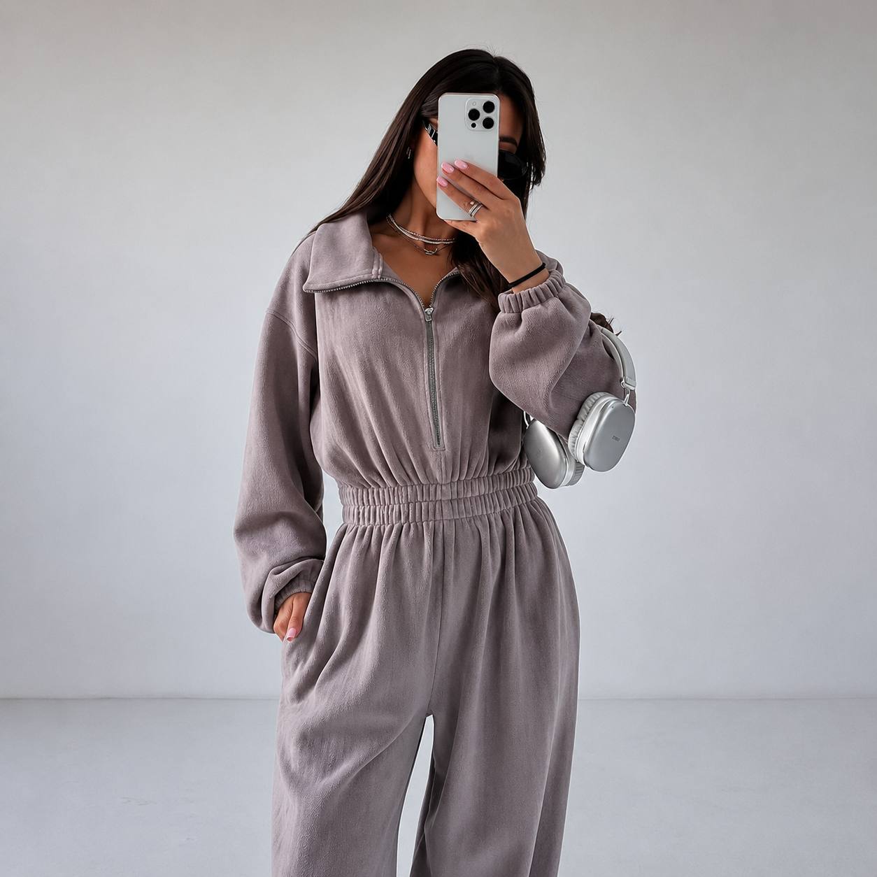 Women's Zip Front Wide Leg Fleece Jumpsuit