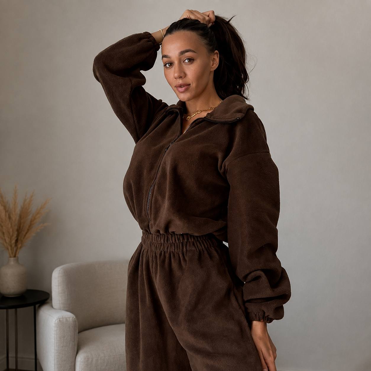 Women's Zip Front Wide Leg Fleece Jumpsuit
