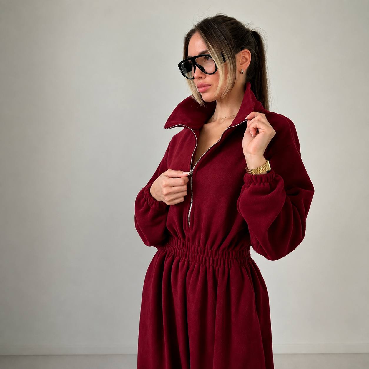 Women's Zip Front Wide Leg Fleece Jumpsuit