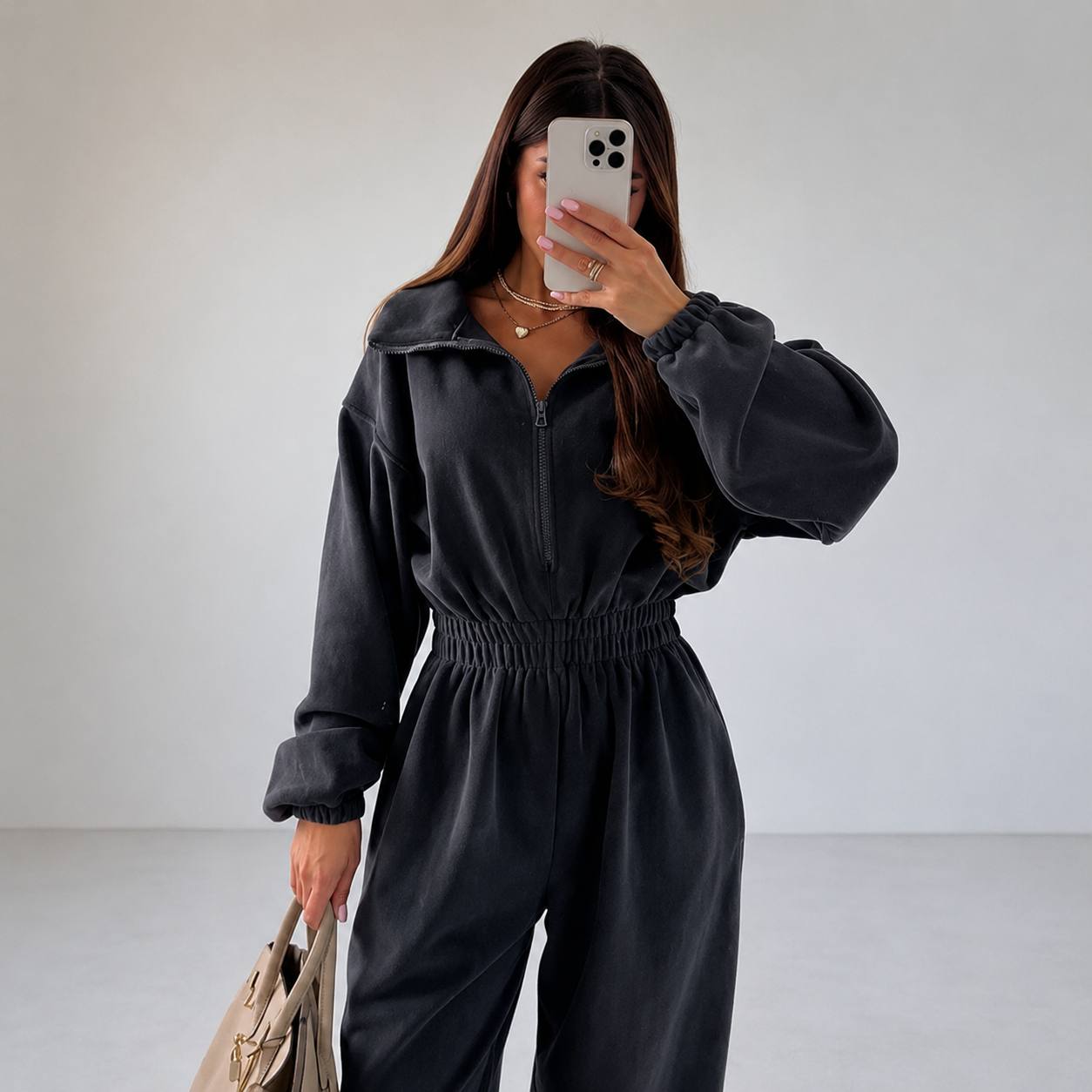 Women's Zip Front Wide Leg Fleece Jumpsuit