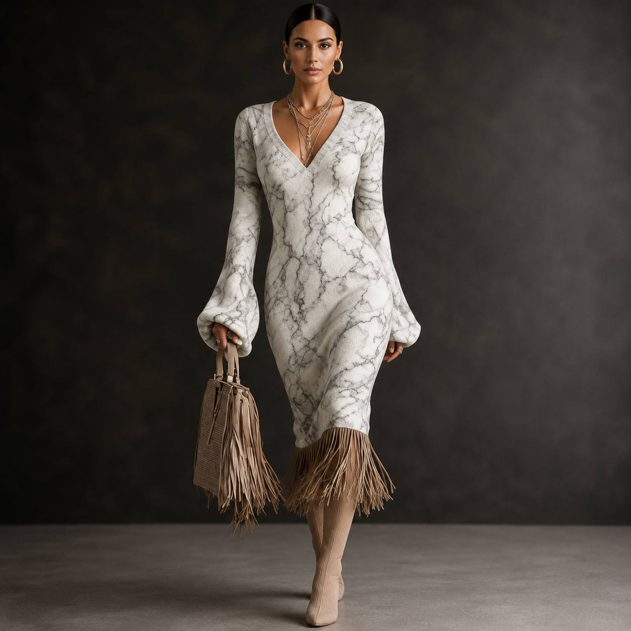 Women's Marble Print Fringe Knit Midi Dress
