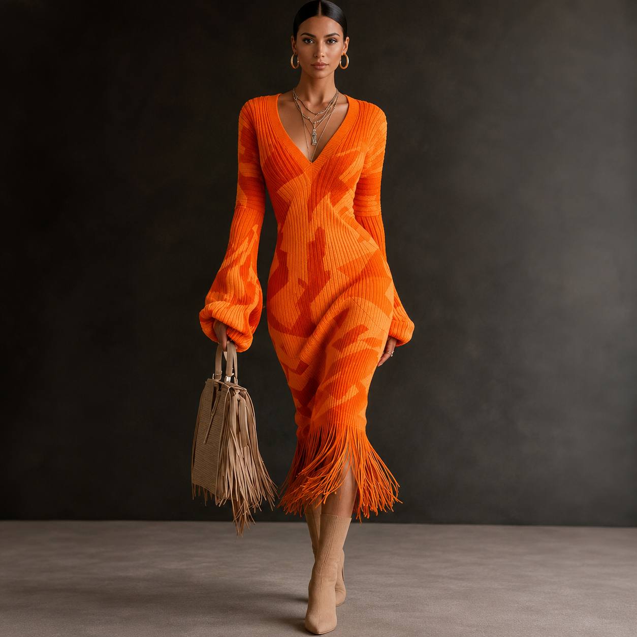 Women's Marble Print Fringe Knit Midi Dress