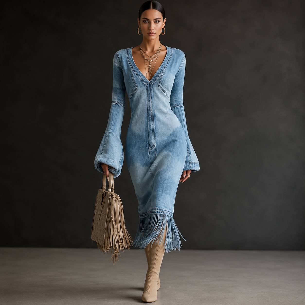 Women's Marble Print Fringe Knit Midi Dress