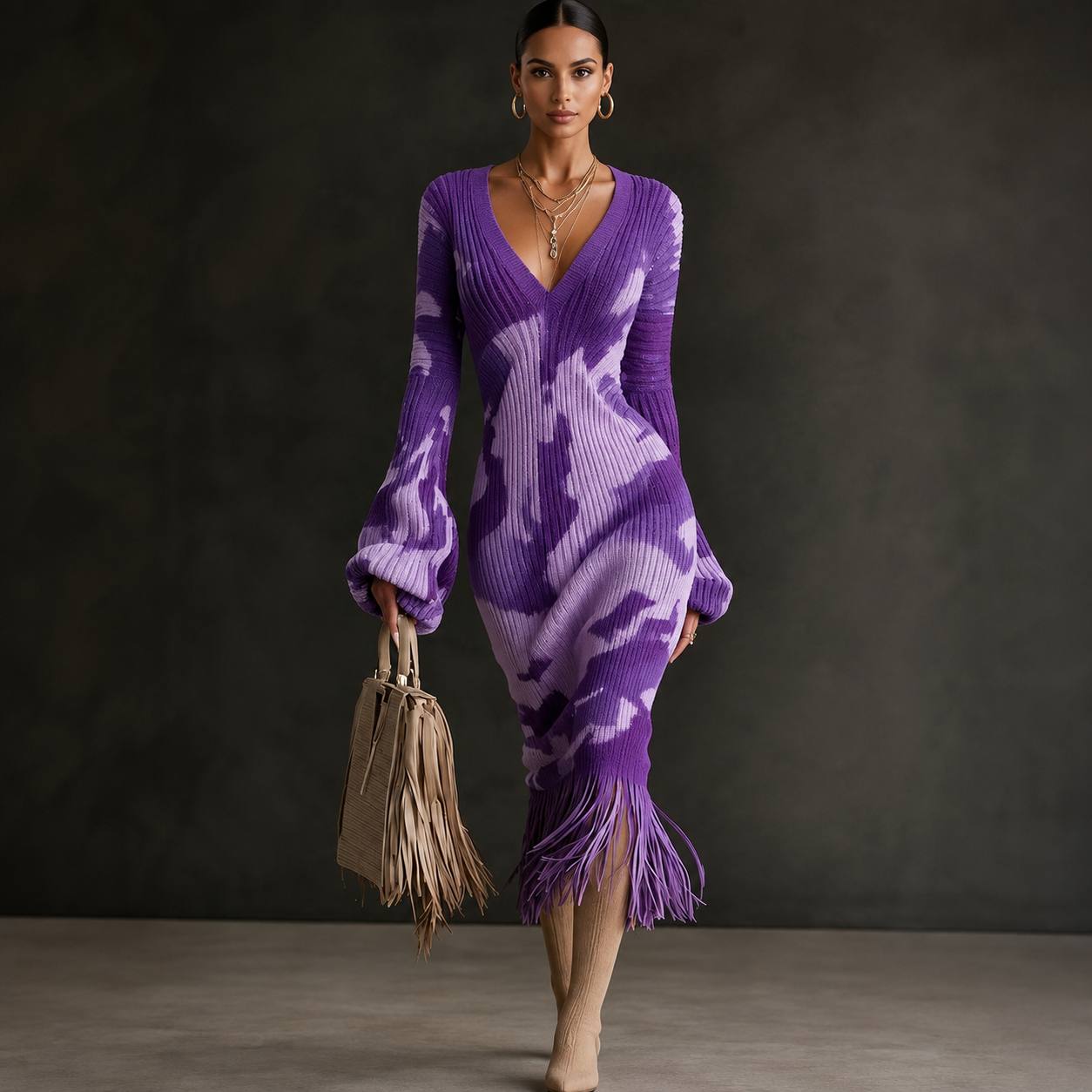 Women's Marble Print Fringe Knit Midi Dress