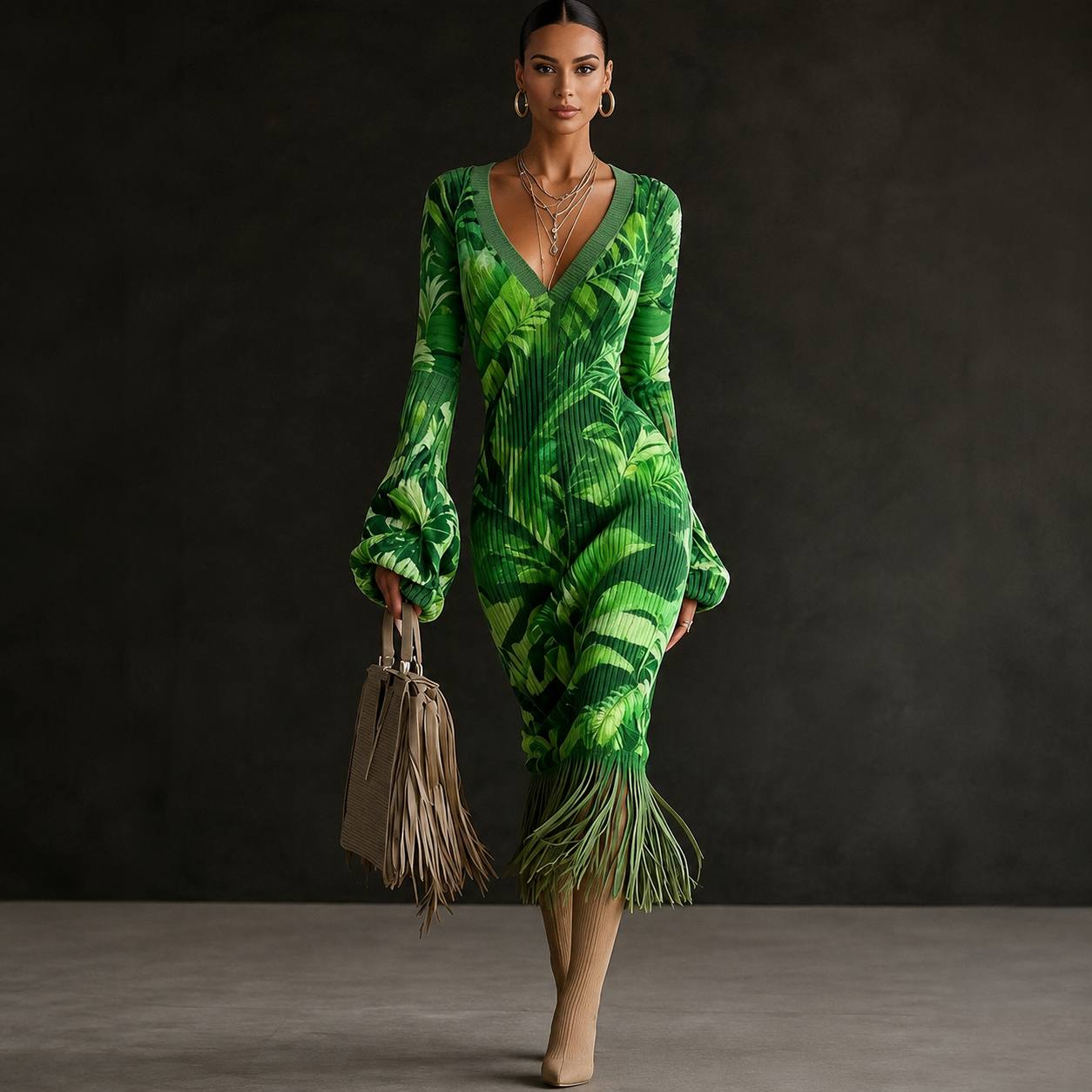 Women's Marble Print Fringe Knit Midi Dress