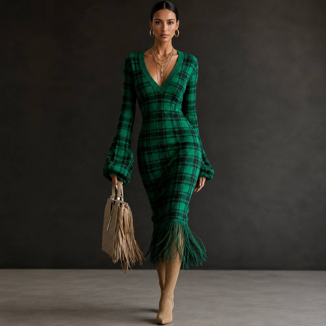 Women's Marble Print Fringe Knit Midi Dress