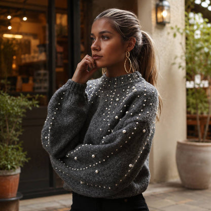 Women’s Pearl Embellished Balloon Sleeves Knit Sweater