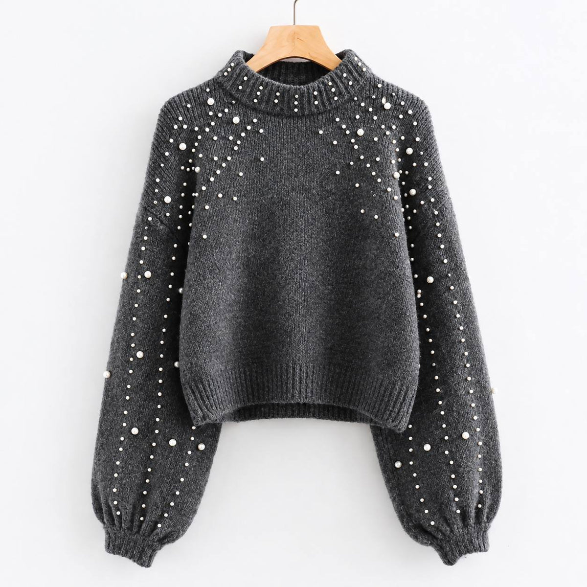Women’s Pearl Embellished Balloon Sleeves Knit Sweater