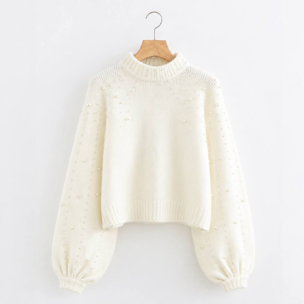 Women’s Pearl Embellished Balloon Sleeves Knit Sweater