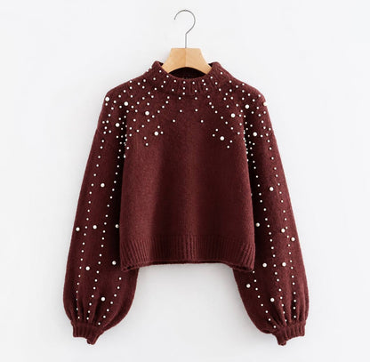 Women’s Pearl Embellished Balloon Sleeves Knit Sweater