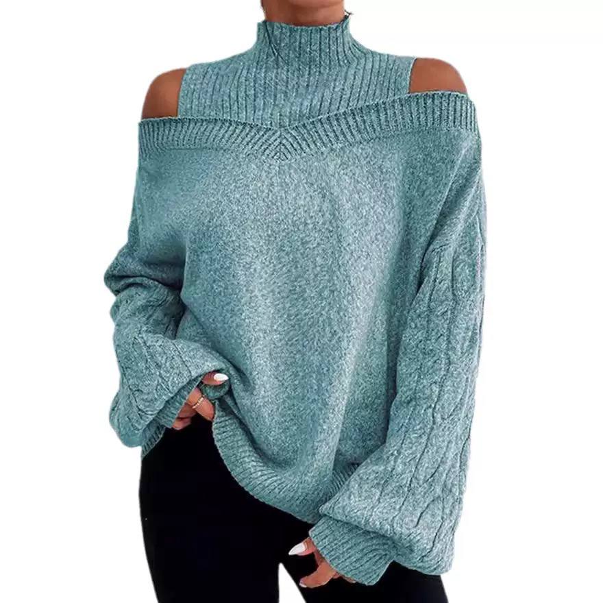 Women’s Off-Shoulder High Neck Cable Knit Sweater