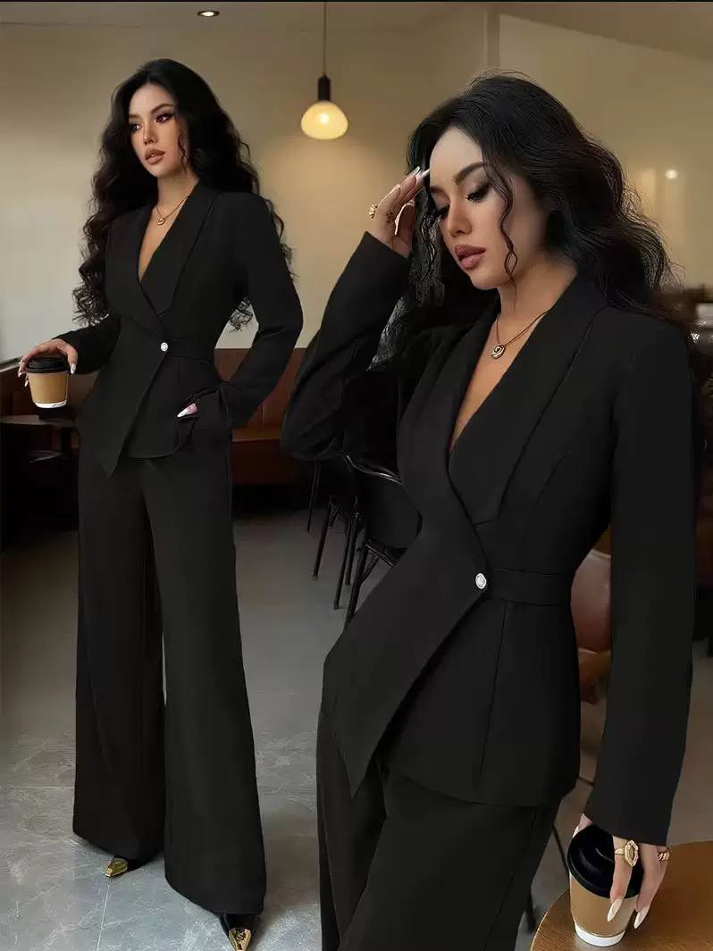 Women’s Elegant Blazer & Tailored Wide-Leg Trousers Suit Set