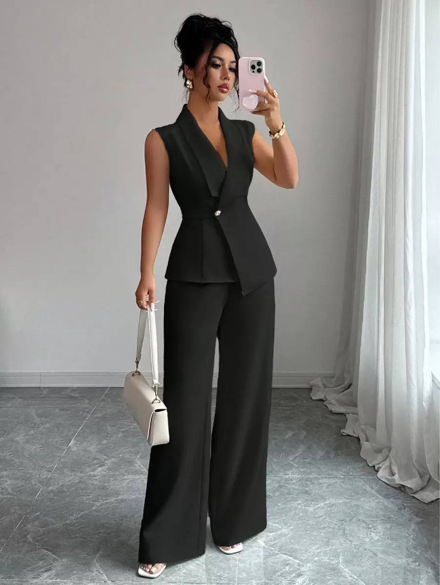 Women’s Sleeveless Tailored Blazer & Wide-Leg Trousers Suit Set