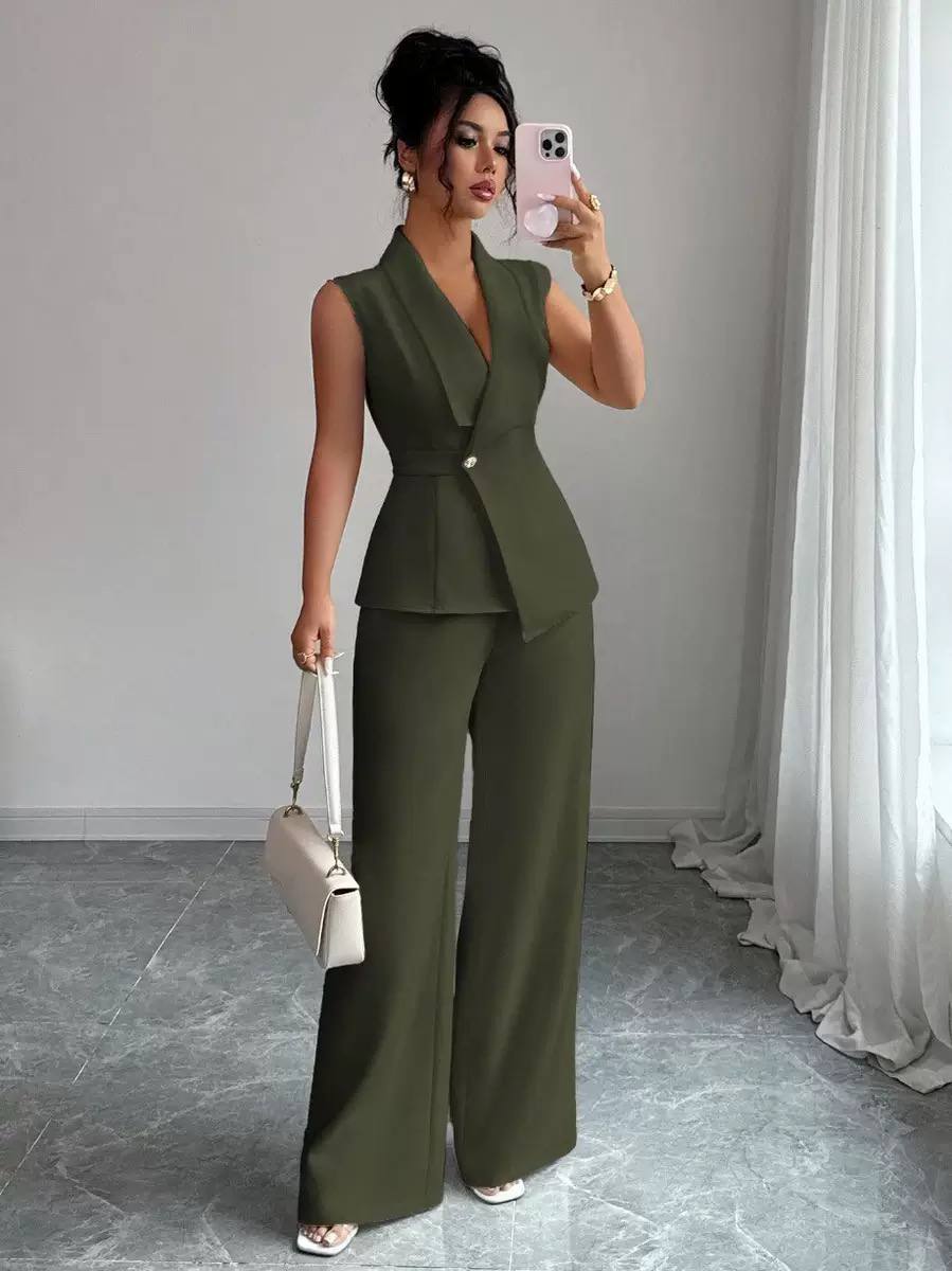 Women’s Sleeveless Tailored Blazer & Wide-Leg Trousers Suit Set