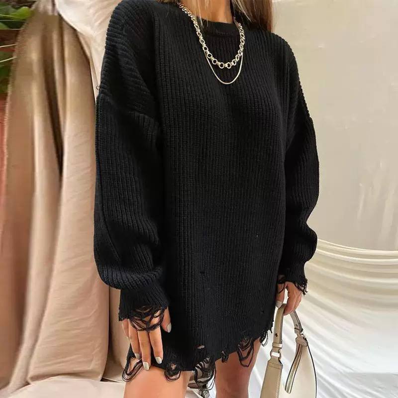 Women’s Oversized Distressed Knit Sweater Dress
