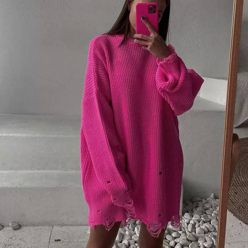 Women’s Oversized Distressed Knit Sweater Dress