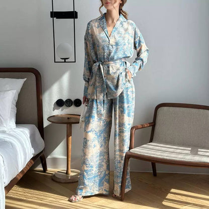 Women’s Elegant Floral Tie Waist Blouse & Trousers Set